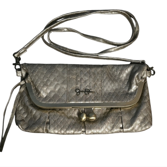 Jessica Simpson Kisslock Faux Python Metallic Gold Crossbody Clutch - Picture 1 of 11